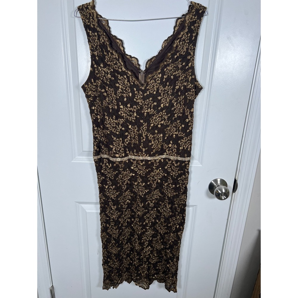Alexia Admor Womens Cocktail Dress Brown Gold Metallic Floral Lace Size Large‎